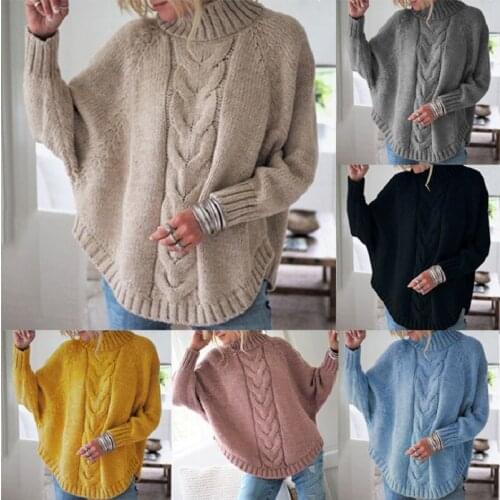 Turtleneck sweater 2021 autumn and winter loose solid color bat sleeve sweater plus size womens clothing