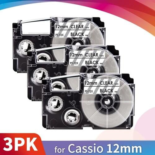 Topcolor 3PK Black on Clear 12mm Label Tape Compatible Casio Label Printer XR-12X XR 12X for Casio Label Maker KL-G2 KL 130 60