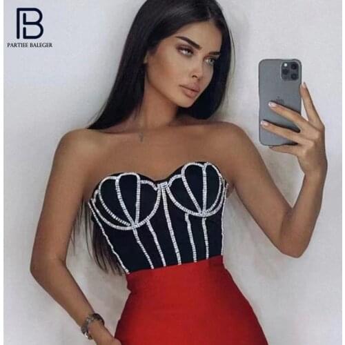 PB Stylish High Waist Crystal Design Crop Tops Sexy Strapless Sleeveless Celebrity Party Club Free Shipping