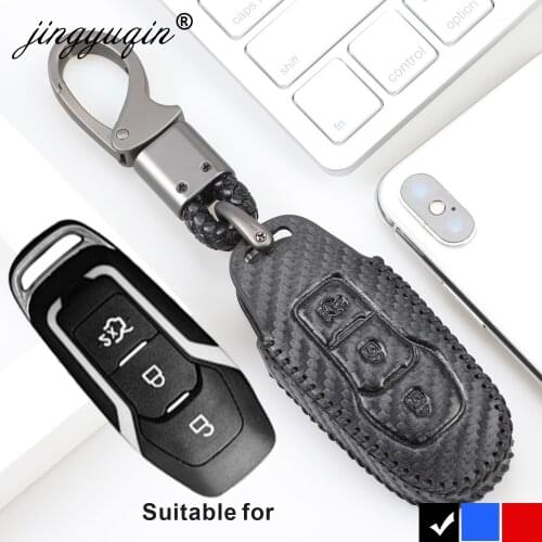 Carbon Leather Car Smart Remote Key Case Automobile Protective Key Shell Cover For Ford Edge Mondeo Mustang Key Fob keychain