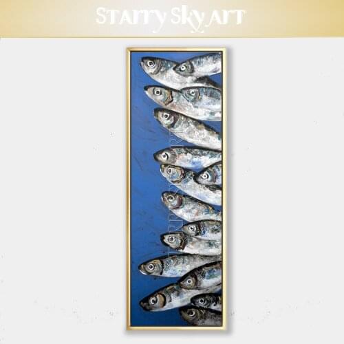 High Quality Super Long Size Canvas Wall Art Fishes Oil Painting on Canvas Unframed Fishes Acrylic Painting for Kitchen Decorate