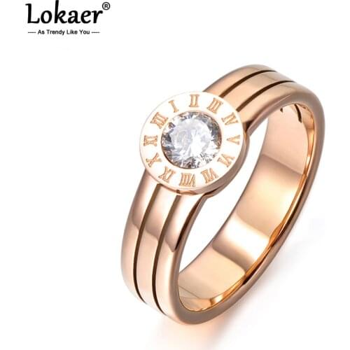 Lokaer Classic Roman Numeral Pattern Single Round Shape CZ Crystal Stylish Titanium Steel Anniversary Wedding Women Rings R17062