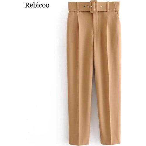 Women Fashion 5 Colors Long Straight Pants Autumn Female Khaki High Waist With Belt Casual Solid Cotton Trousers