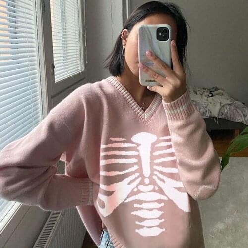 Y2K Women Halloween Skull Knitted Sweater Adults Preppy Style Skeleton Print Long Sleeve V-neck Pullover for Daily Wear