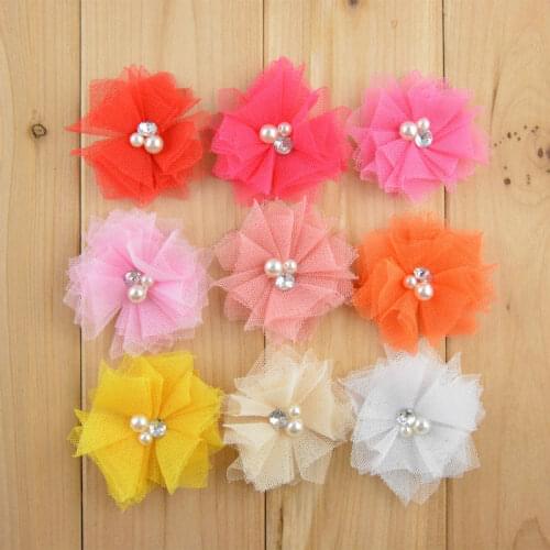 36pcs/lot 2 inches Mini Tulle Mesh Flowers With Rhinestone Pearl Center Poof Flower headband Accessories 18 color for choose F27