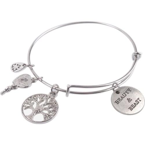 5PCS Emetal Wire Bangle BEAUTY & BEAST Charm Bracelet #92105