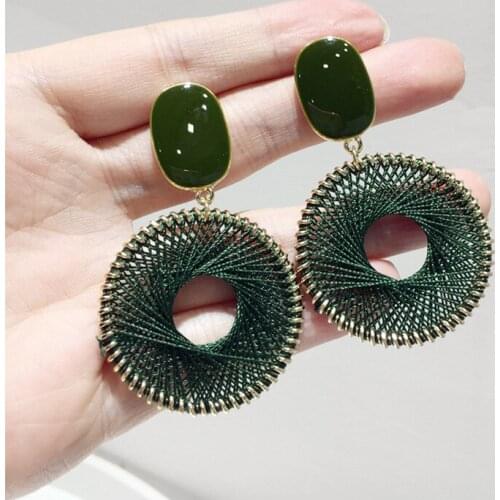 925S needle European and American new style oil drop rectangular thick thread woven round exaggerated earrings