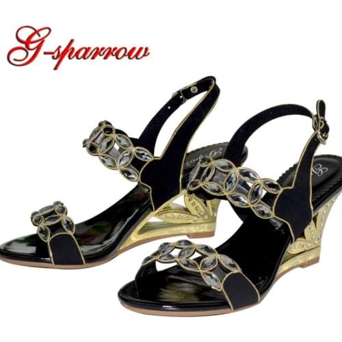 Glittering Luxurious Wedges Sandals Crystal Purple Black Summer Sandals Drop Shipping Open Toe Woman High Heel Wedding Shoes