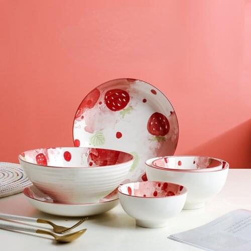Childrens Cartoon Strawberry Ceramic Bowl Household Cute Rice Bowl Tableware Bowl Set Creative Noodle Bowl Single Dish