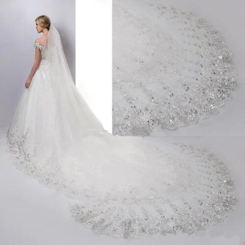 Luxury Lace Bridal Veil With Sequins Long Tulle 3.5 Meters Long Two Tiers Wedding Accessoryes 2021 New Hot Sale
