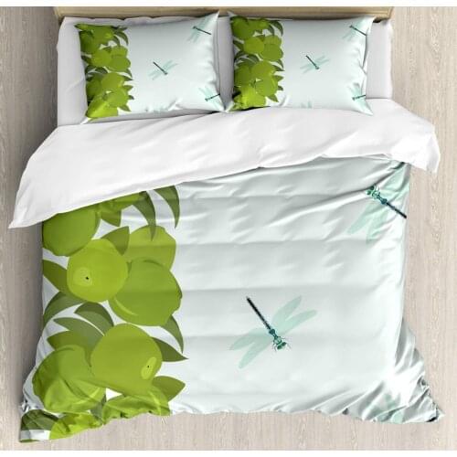 Dragonfly Duvet Cover Set Apples and Flying Insects Graphic 3 Piece Bedding Set Mint Green Olive Green