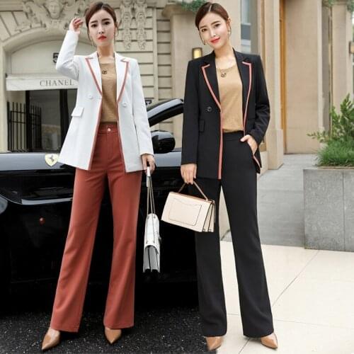 Suits Womens Business Sets Women Pencil Pant Suits Black Splice Blazer+Wide leg pants 2 Piece Sets Office Lady Female Outfits