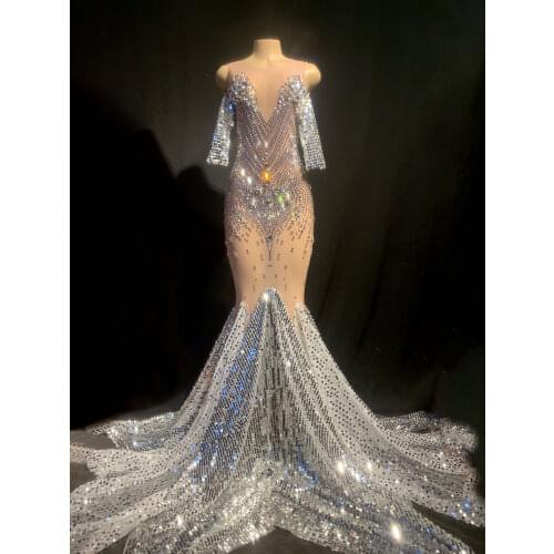 Flashing Silver Sequins Rhinestones White Fringes Dress Womens Birthday Prom Celebrate Outfit Bar Evening Women Dancer Dress