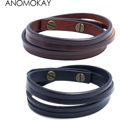 Anomokay New Vintage Cow Leather Wrist Bracelet for Men Rock Simple Double Belt Leather Punk Bracelet Jewelry Pulseira Masculina