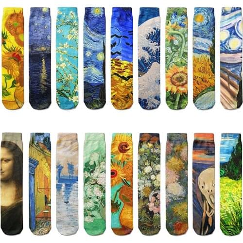 Creative Design Oil Painting Printing Socks Women Pure Cotton Retro Art Famous Van Gogh Socks Leisure Sports Happy Long Socks