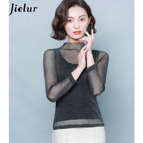 Jielur Mesh Solid Color T-shirt Women Autumn Chic Slim Tshirt Winter Basic Korean Tee Tops Femme M-3XL Sexy Turtleneck T Shirt
