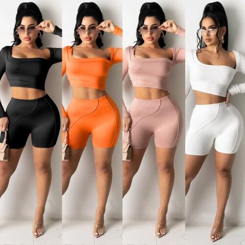 Solid Casual Gym Fitness Sporty Two Piece Set Long Sleeve Shirt Shorts Tracksuit Sportswear Fashion Workout Outfits
