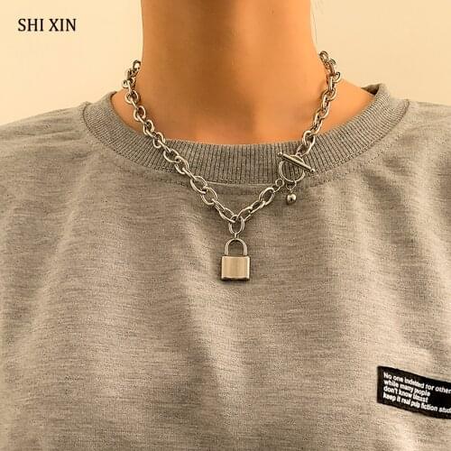 SHIXIN Thick Stainless Steel Chain with Lock Pendants Necklace for Women Trendy Padlock Choker Necklaces on Neck Jewelry Fashion