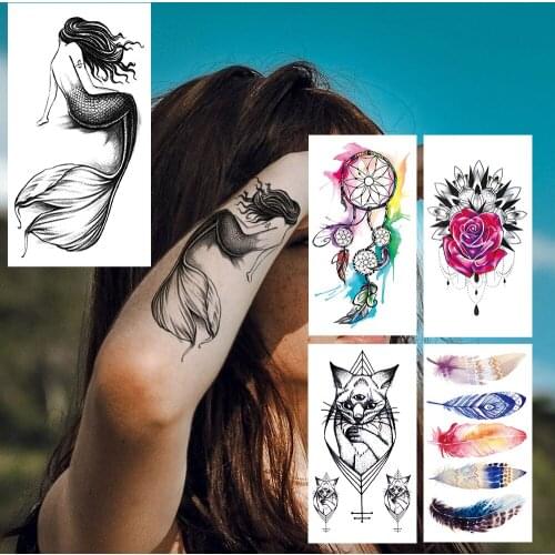 Sexy Mermaid Temporary Tattoo For Women Watercolor Dreamcatcher Feather Tattoos Sticker Rose Cat Body Shoulder Waist Fake Tatoos