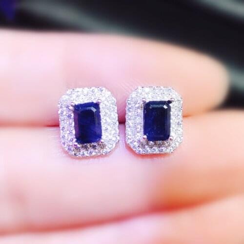 Natural real black sapphire rectangle stud earring Per jewelry 4*6mm 0.8ct*2pcs gemstone 925 sterling silver Fine jewelry X21771