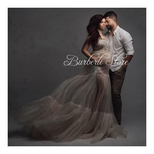 Sexy See Thru Soft Tulle Maternity Long Robe Women Pretty Ruffles Tulle Long Dresses For Pregnant Photo Shoot Plus Size Dress