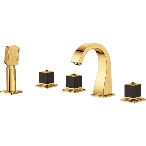 Contemporary GOLD PVD Five Holes Three Handles Widespread Waterfall Bathtub Faucet with Hand Shower deck mounted square