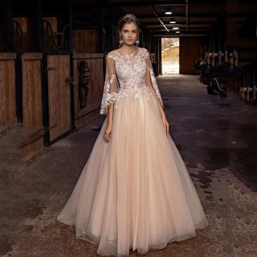 Champagne A Line Appliques Lace O Neck Wedding Dress Puffy Sleeve Vestido De Noiva Sereia Champagne Bridal Gowns