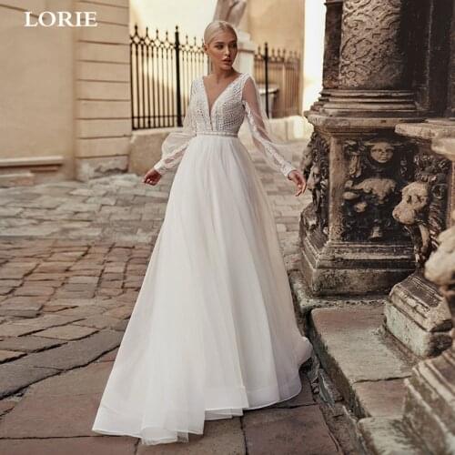LORIE Bohemian Lace Wedding Dresses Long Puff Sleeve Lace Country Bridal Gown Vestido De Novia Modest Wedding Party Gown