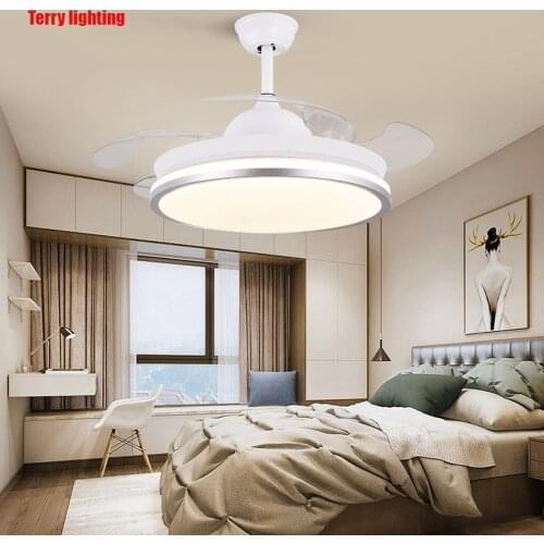Led ceiling fan lamp with remote control circular DC frequency lamp for bedroom decoration, retractable and reversible
