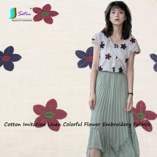 Spring Summer Cotton Imitation Linen Colorful Flower Embroidery Breathable Fabrics Sewing DIY Clothes Dress Skirt Fabrics S0043F