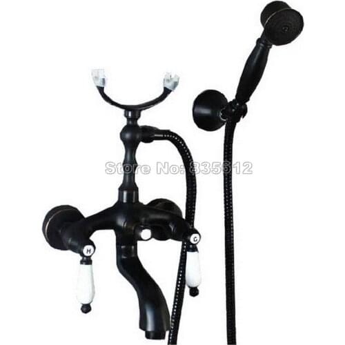 Bathroom Wall Mounted Black Oil Rubbed Bronze Dual Ceramic Handles Bathtub Mixer Tap with Handheld Shower Head Faucets Wtf020