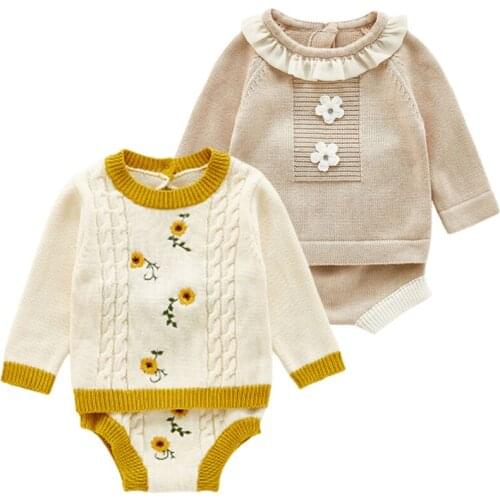 Autumn Baby Knitted Suit Infant Baby Girls Knit Long Sleeve Flower Sweater + Shorts Clothing Sets Kids Girl Suit Clothes 0-3Yrs