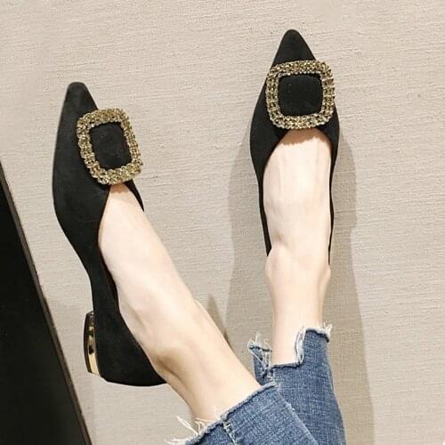 Glitter buckle decoration flat shoes woman 2020 spring/autumn flock single flats women pointy ballerina shoes slip on loafers