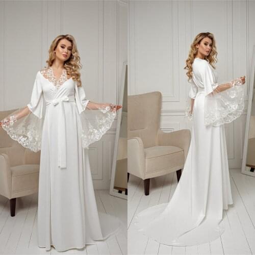 White Soft Lace Bridal Robe V Neck Long Sleeve Women Dressing Gown Wedding Bathrobes with Belt Boudoir Sleepwear Nightgowns