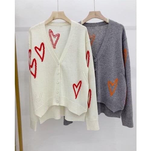 Womens Heart Jacquard V-Neck Sweater 100% Cashmere Ladies Long Sleeve Single Breasted Knitwear Outwear Tops 2021 Autumn