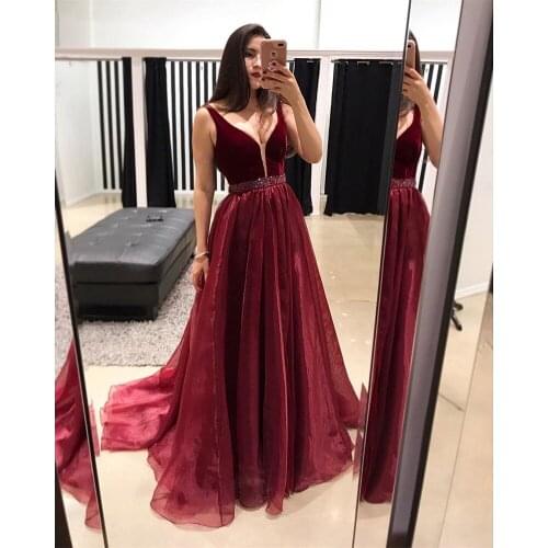Sexy Burgundy Blue Prom Dress 2021 V Neck A Line Velvet Organza Beaded Floor Length Special Occasion Formal Evening Party Gowns