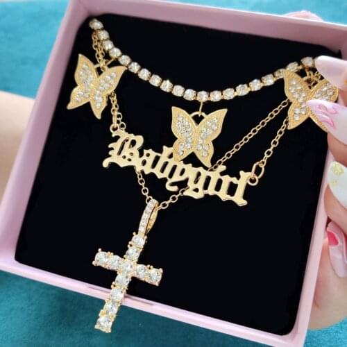 Flatfoosie New Multi-layer Butterfly Crystal Chain Necklace For Women Punk Babygirl Letter Cross Pendant Necklace Choker Jewelry