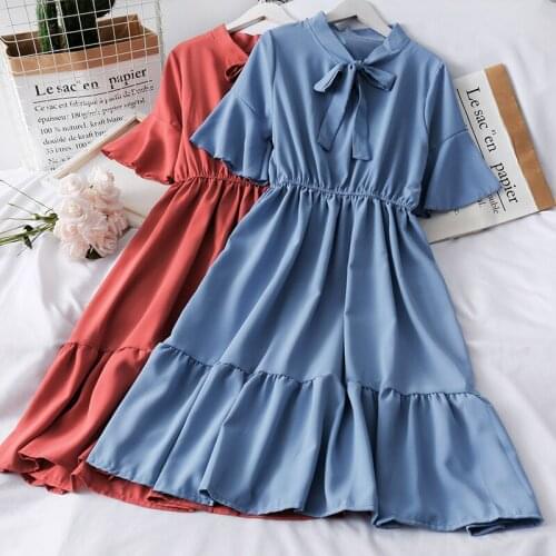 Ladies Ruffles Bow Dress Spring Lace Up Elastic Waist Female Casual Midi Dress Short Sleeve Pleated Bow Women Fashion Dresses