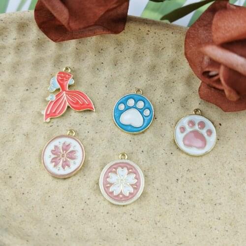 10PCS/Lot Fashion Zinc Alloy Charm Bear Paw Cherry Flower Fishtail Enamel Pendants Accessories Charms Craft DIY Jewelry Findings