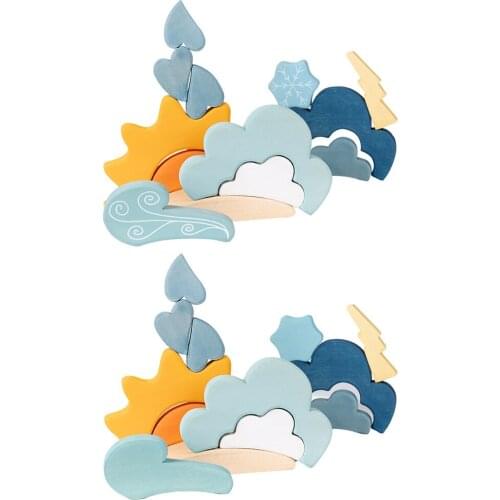 13Pcs Kids Wood Block Nordic Blue Weather Blocks Stacking Stacker Development Motor Skills Handcrafted DIY Toy for 3 Ages Up