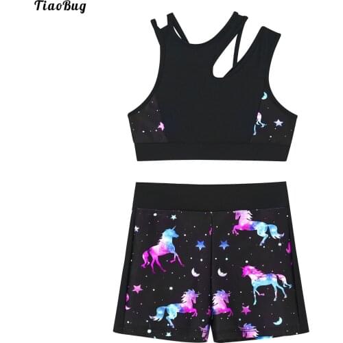 TiaoBug 2Pcs Kids Girls Asymmetrical Straps Sleeveless Cartoon Print Crop Vest And Shorts Set Sportswear For Running Gym Fitness