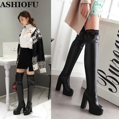ASHIOFU 2020 New Womens Sky-heels Over Knee Boots Sexy Lace Chunky Heels Night-club Party Long Boots Fashion Winter Boots Shoes