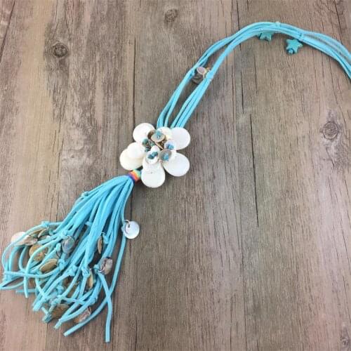 Bohemia Shell Flowers & Natural Stone Leather Pendant Necklace for Women Girls Chain Strip Fashion Boho Jewelry Necklace Gifts