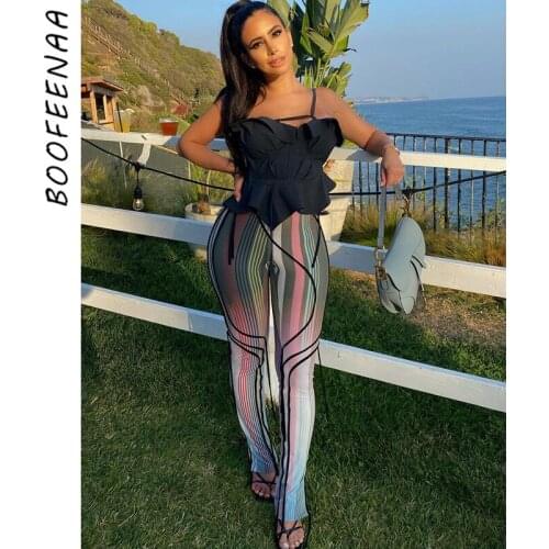 BOOFEENAA Sexy Stretch High Waist Pants Streetwear Women Clothing Summer 2021 Striped Printed String Skinny Leggings C85-CD20