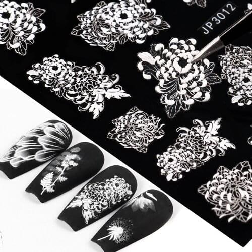 Black&White Nails Sticker 3D Flower Slider Water Transfer Nail Decals for Nail Art DIY Transfer Sticker