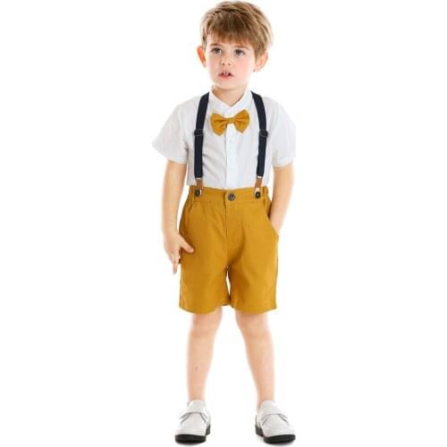 Kids Summer Hot Selling Pure White Stand Collar Short Sleeved Shirt Suspender Pants Set Baby Clothing