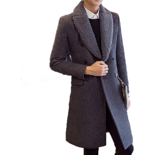 Double Mens Breasted Wool Overcoat Fur Collar Winter Jacket Men Coats Black Long Slim Mens Wool Coat Men Brand-Clothing WUJ1163