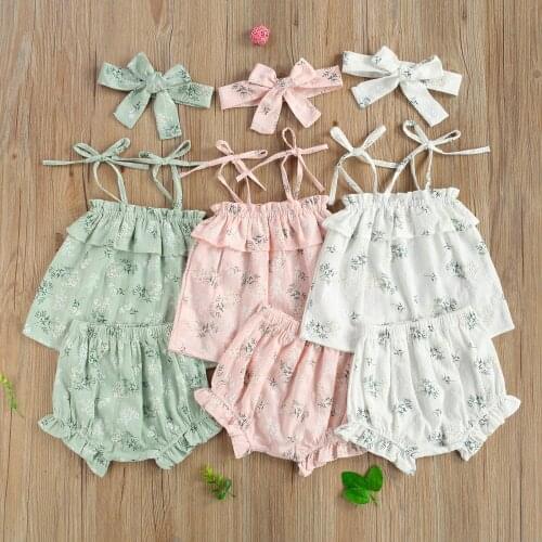 0-24M Newborn Baby Girls Clothes Set, Infants Ruffled Hem Sling Strap Floral Printed Tops +Shorts + Hair Band 3PCS