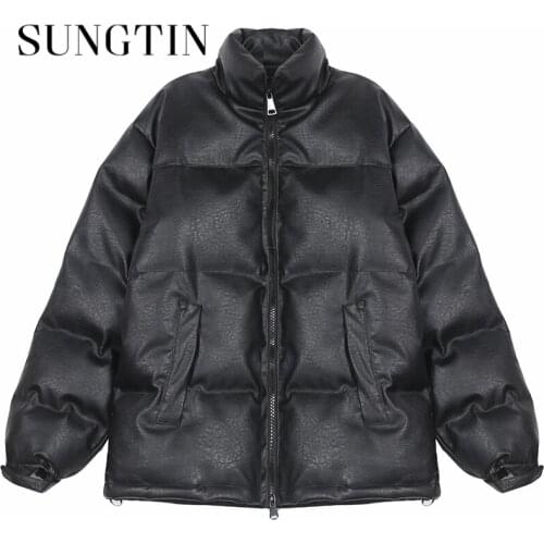 Sungtin Oversized Winter Black PU Faux Leather Jacket Women Loose Padded Parka Casual Waterproof Zipper Thick Streetwear BF Chic