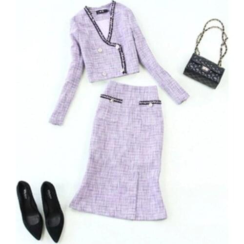 Fashion Plaid suit female winter/spring New high quality Lace Woolen Tweed Top Jacket + Bag Hip Fishtail Skirt Light Purple Set
